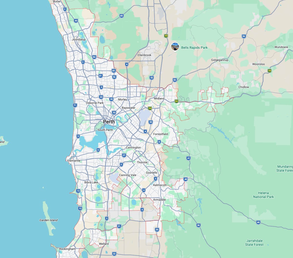 Map of Perth showing the MAX Carpet Cleaning service area